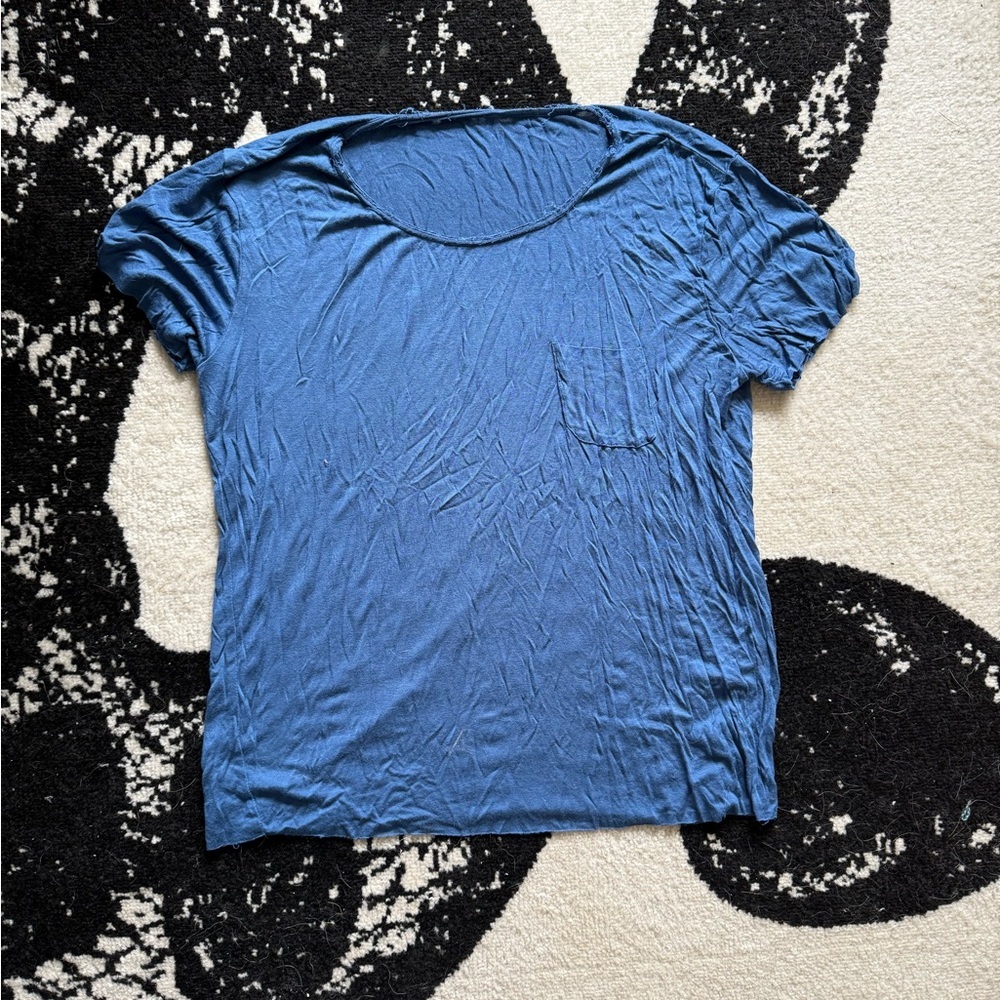 Blue Boho Slouchy Raw Hem Pocket Tee